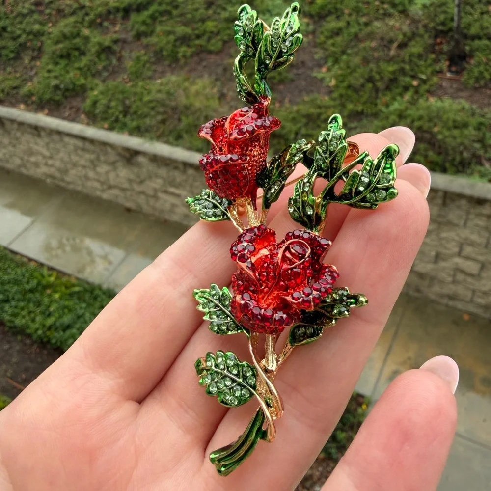 Red Crystal Rose Brooch | Floral Rhinestone Statement Pin